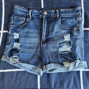 Distressed Cuffed Denim Shorts Medium Wash Stretch Size L